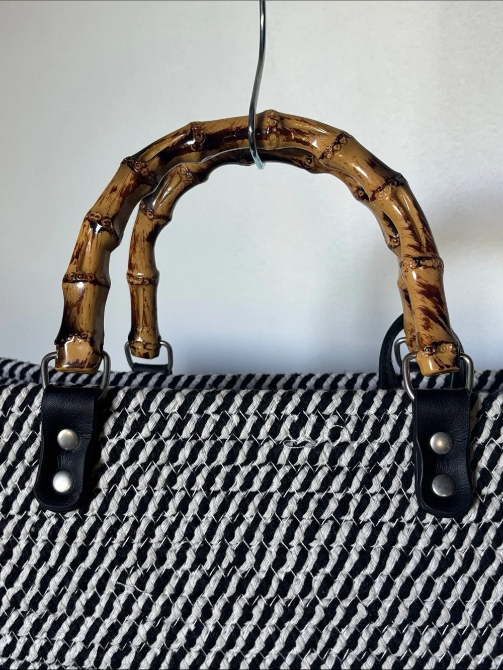 Woven Cotton Black White Tote with Bamboo Handles and Wristlet
